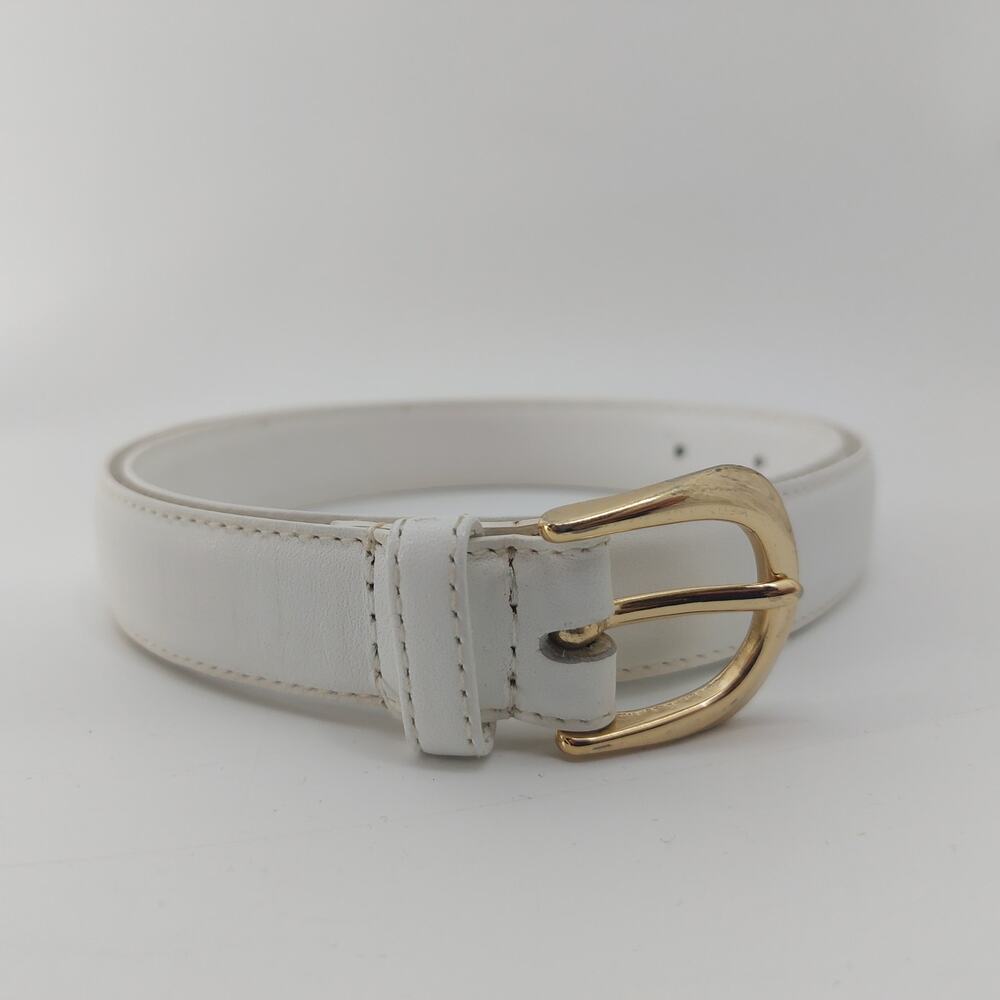 Vintage Womens Large White Leather Belt Brass Buckle Casual